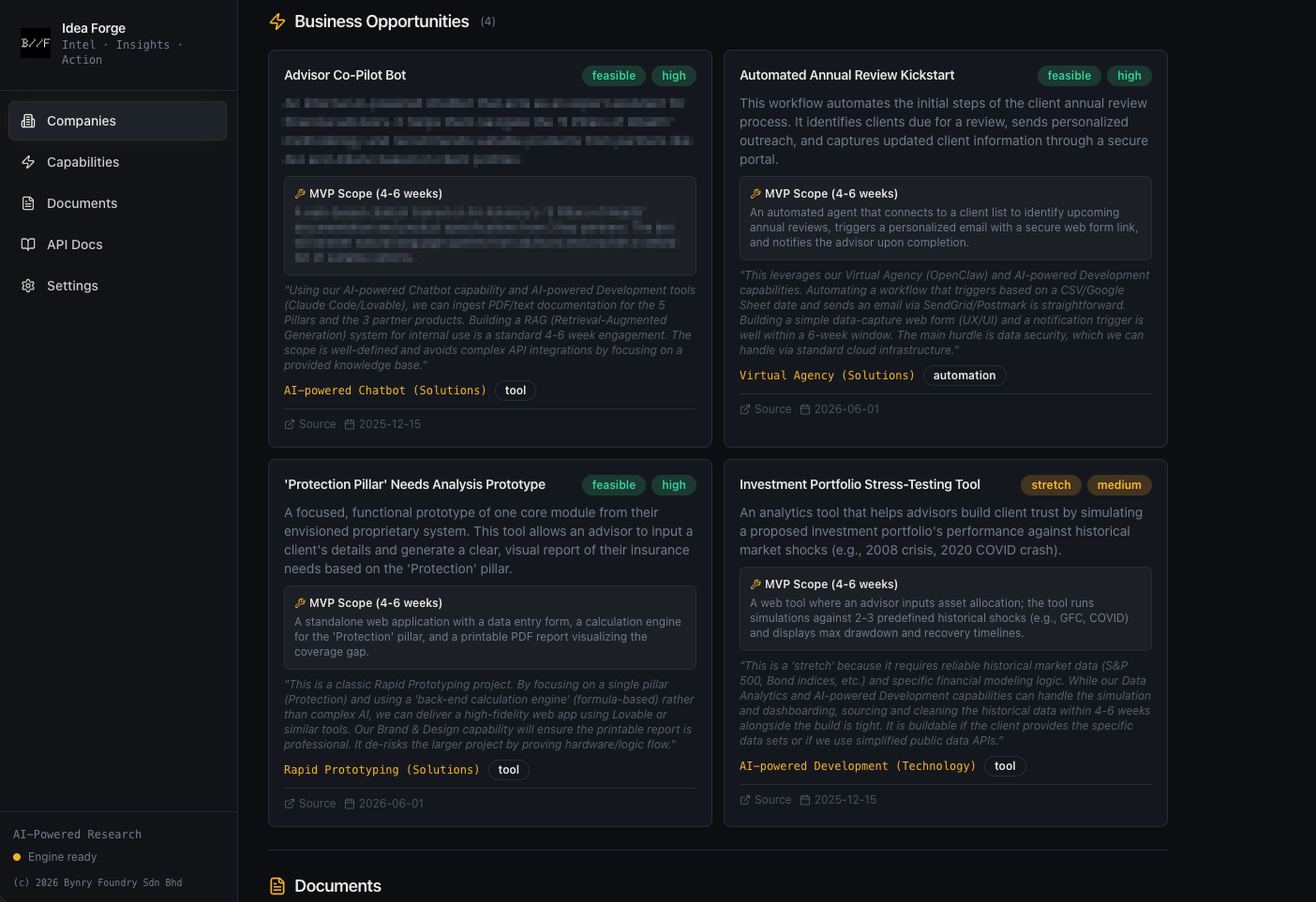 Idea Forge showing scoped business opportunities and feasibility assessments
